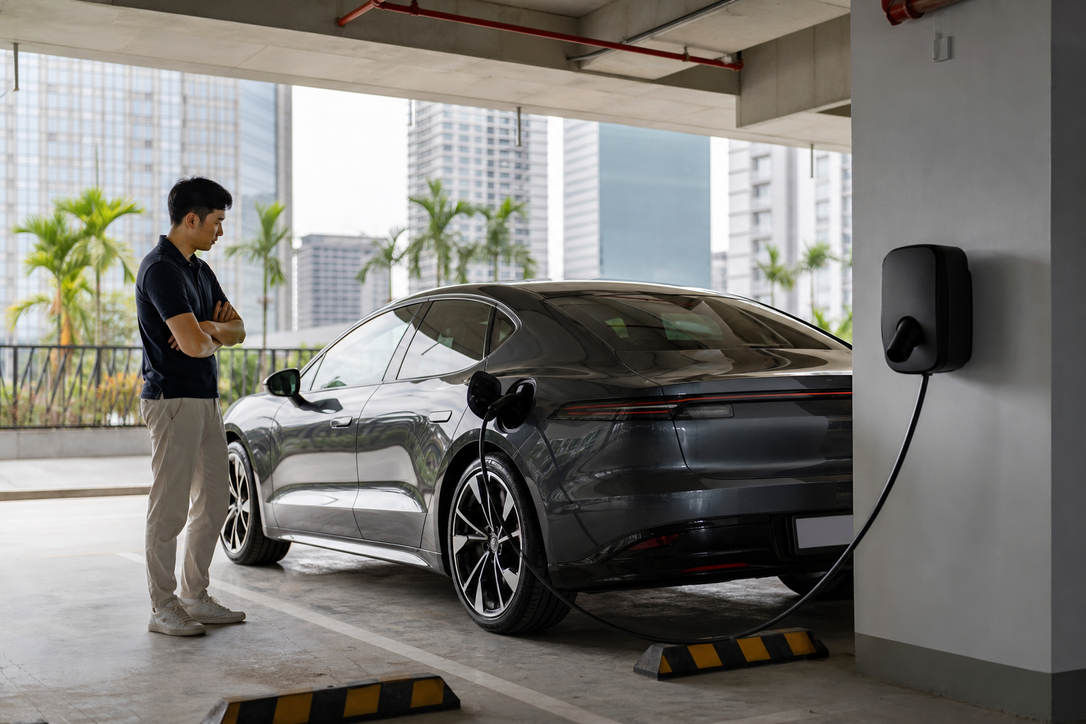 Sedan điện hiệu năng cao đang sạc tại bãi đỗ của tòa nhà hiện đại ở Việt Nam